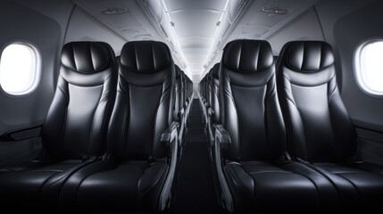 Fototapeta premium Airplane Interior Seats Rows View With Windows And Overhead Compartments Light