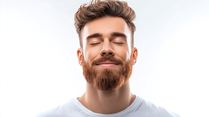 Obraz premium Man in Contemplation: Capturing a moment of serene introspection, a close-up portrait showcases a man with closed eyes, suggesting deep thought or peaceful contemplation.