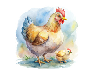 watercolor mother chicken with her kid vector illustration isolated on white background