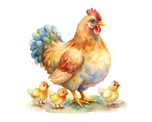 watercolor mother chicken with her kid vector illustration isolated on white background