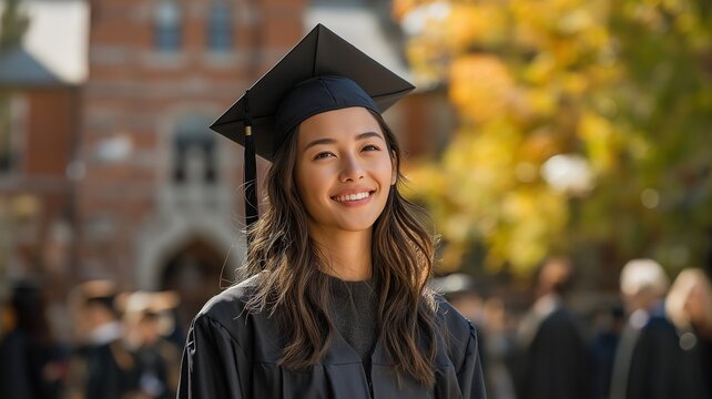 Smiling on a college campus is a young Asian female graduate student wearing a black graduation gown and cap. - Powered by Adobe