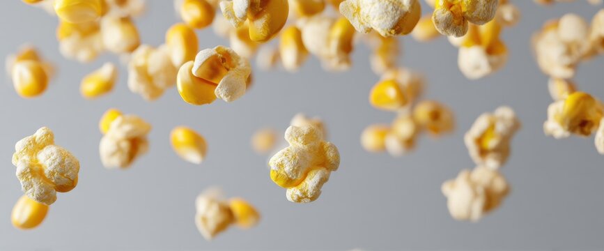 CloseUp of Golden Popcorn and Raw Corn Kernels Floating Against a Gray Background