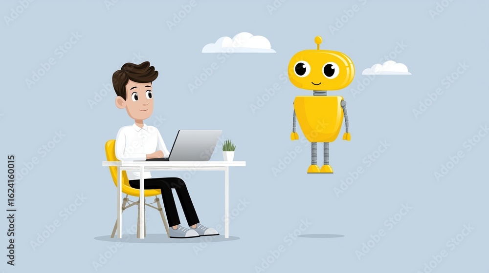 Poster ai agent assistance concept, a person interacts with a friendly robot at a desk in a whimsical setti