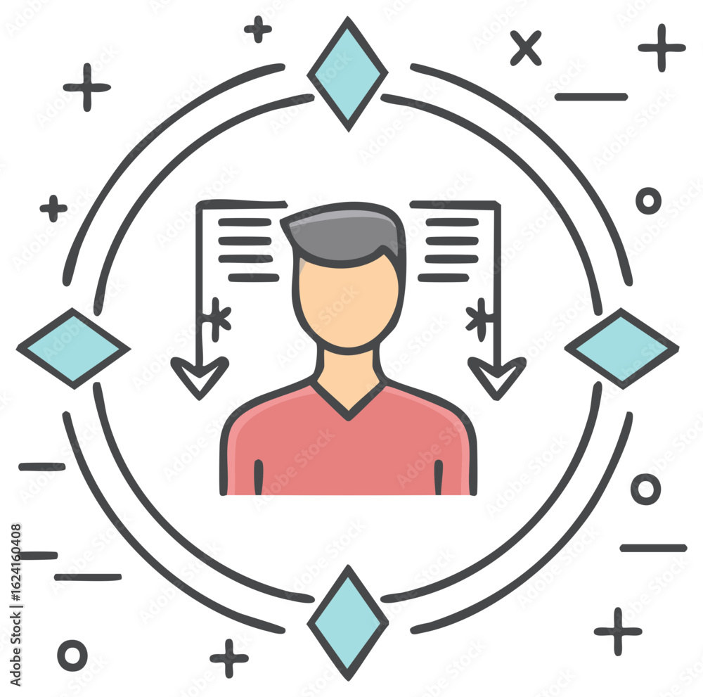 Poster abstract illustration of a person with lists and circular design elements, concept
