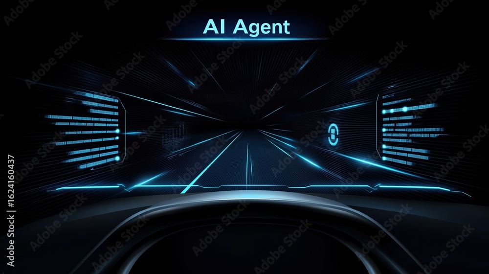 Poster ai agent assistance concept, futuristic view from a vehicle with ai interface and digital elements.