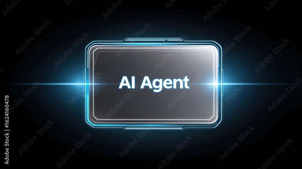 Poster ai agent assistance concept, futuristic design featuring the text 