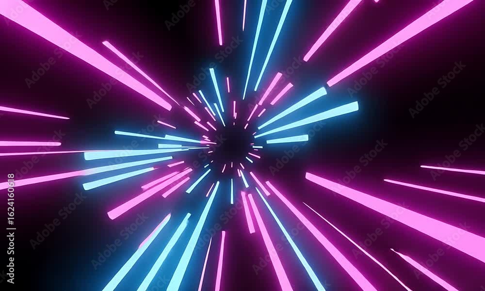 Poster abstract digital animation of glowing neon light streaks against a black background creating a dynam