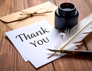 Notecard with "Thank You" rests on wood beside an inkwell and quill pen
