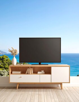 Modern living room with TV and ocean view