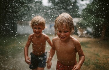 Fototapeta premium Laughter reverberates in the warm summer air as two young boys playfully battle in the water.