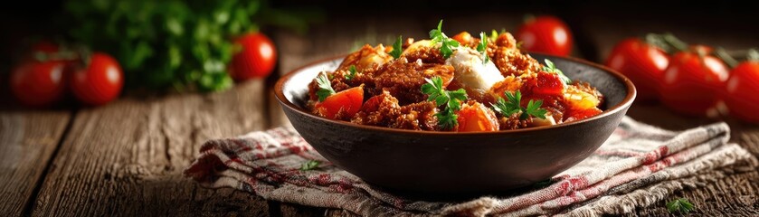 Fototapeta premium No appetite with dull energy concept. Delicious bowl of hearty stew garnished with fresh herbs.