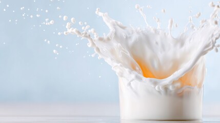 Milk Splash in a Glass: A captivating image of fresh milk dramatically splashing upwards within a glass, with water droplets suspended, conveying a sense of freshness and purity. 