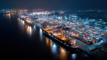 Fototapeta premium Illuminated Cargo Ship at Busy Port Terminal at Night, Containers Stacked High