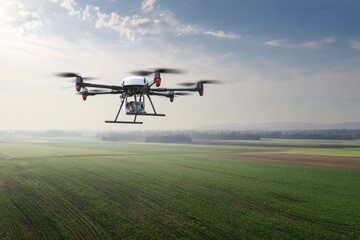 Fototapeta premium Modern Drone Flies Over Verdant Fields Under a Bright Blue Sky With Wispy Clouds