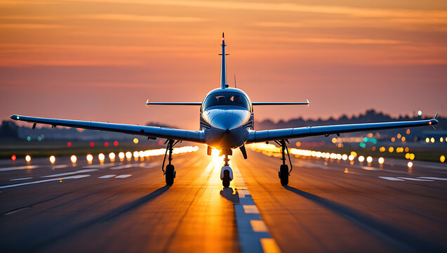 Small propeller airplane on runway during golden hour sunset with bright lights aircraft propeller plane - Powered by Adobe