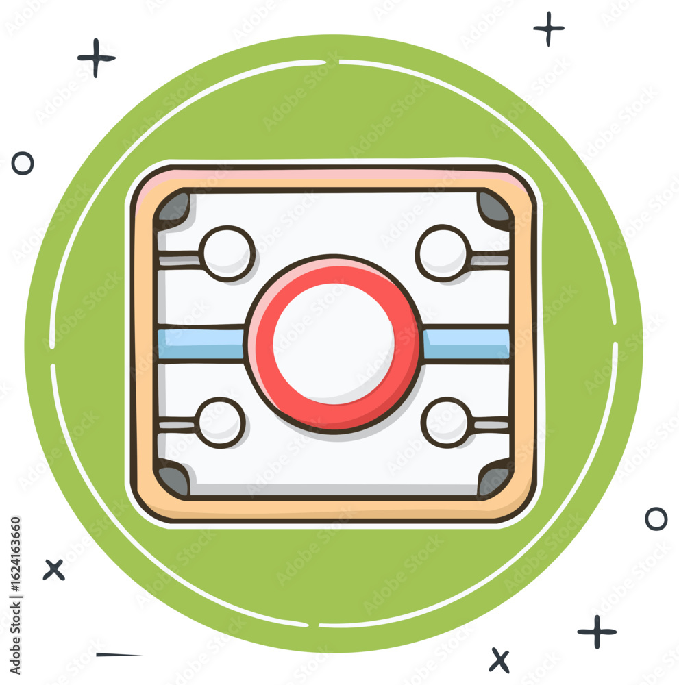 Poster flat cartoon illustration of a digital circuit board icon or microchip representing technology conne