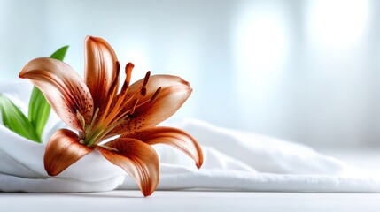 Radiant Lily: A close-up shot captures the exquisite beauty of a single, vibrant lily, its delicate petals gracefully unfurling against a soft, blurred backdrop, symbolizing purity and serenity.