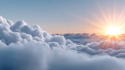 Celestial Harmony: Captivating aerial view of fluffy clouds illuminated by the radiant sun at sunrise, painted with breathtaking colors, it's a perfect depiction of a dreamy sky.