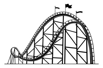 Monochrome graphic of a vintage roller coaster ride, symbolizing excitement, speed, and entertainment at a fairground.