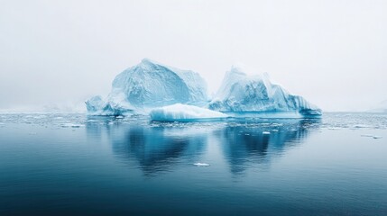 A scenic view of a large iceberg floating in the ocean with a foggy backdrop and clear reflections