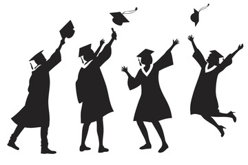 Silhouettes of happy graduates celebrating their commencement by throwing caps in the air. A vector graphic of academic achievement.