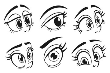 A collection of stylized female cartoon eyes showing different emotional concepts. Vector character design element set for creating expressions.