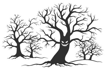 Creepy black silhouette of a haunted forest with a scary monster tree character. Eerie leafless trees isolated for Halloween design.