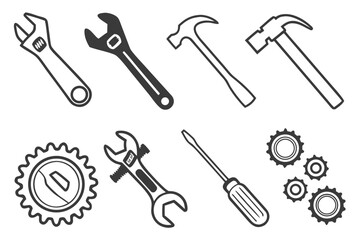 A versatile set of black and white tool icons, including hammers, wrenches, screwdrivers, and gears for repair and maintenance concepts.