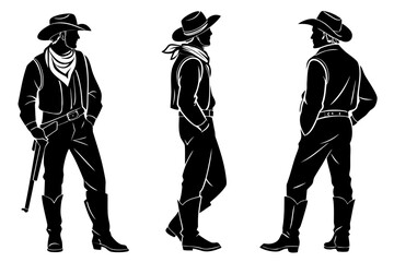 A set of three cowboy silhouettes in different poses. Vector illustration of a western character with a hat, boots, and a gun.