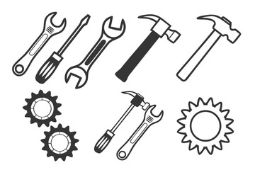 A collection of monochrome tool icons for repair and maintenance services. Vector set includes hammer, wrench, screwdriver, and gear illustrations.