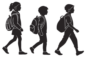 A group of school children, a girl and two boys, walking in a line with their backpacks. A vector silhouette illustration of students on their way to school.