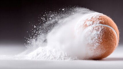 Tennis ball in action: A tennis ball streaks through the air, leaving a dynamic trail of flying powder, capturing the essence of sport, speed and energetic game play.