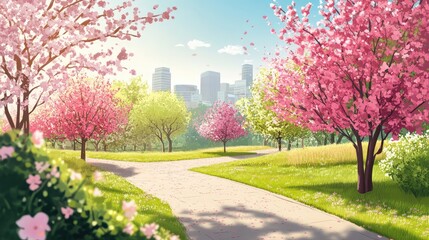 Naklejka premium A path in a park with trees and a city in the background