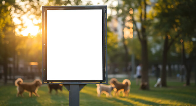 Blank Billboard in Sunny Urban Dog Park with Copy Space