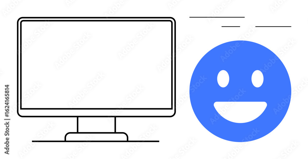 Poster computer monitor displayed alongside a happy blue happy face, emphasizing concepts of positivity and