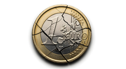 Damaged Euro Coin Cracked in Half Symbolizing Economic Crisis Isolated on White Background
