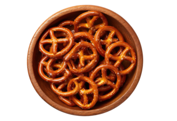 Crispy pretzel rings in a wooden bowl
