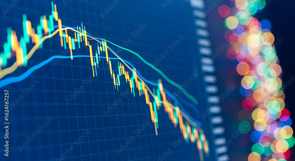 Poster declining stock chart with yellow and blue lines overlaid on a graph with bokeh lights