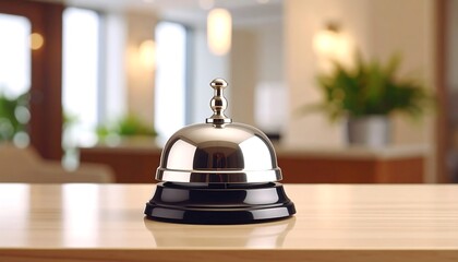 Shiny Service Bell on Wooden Table with blurred hotel lobby background, and customer service.