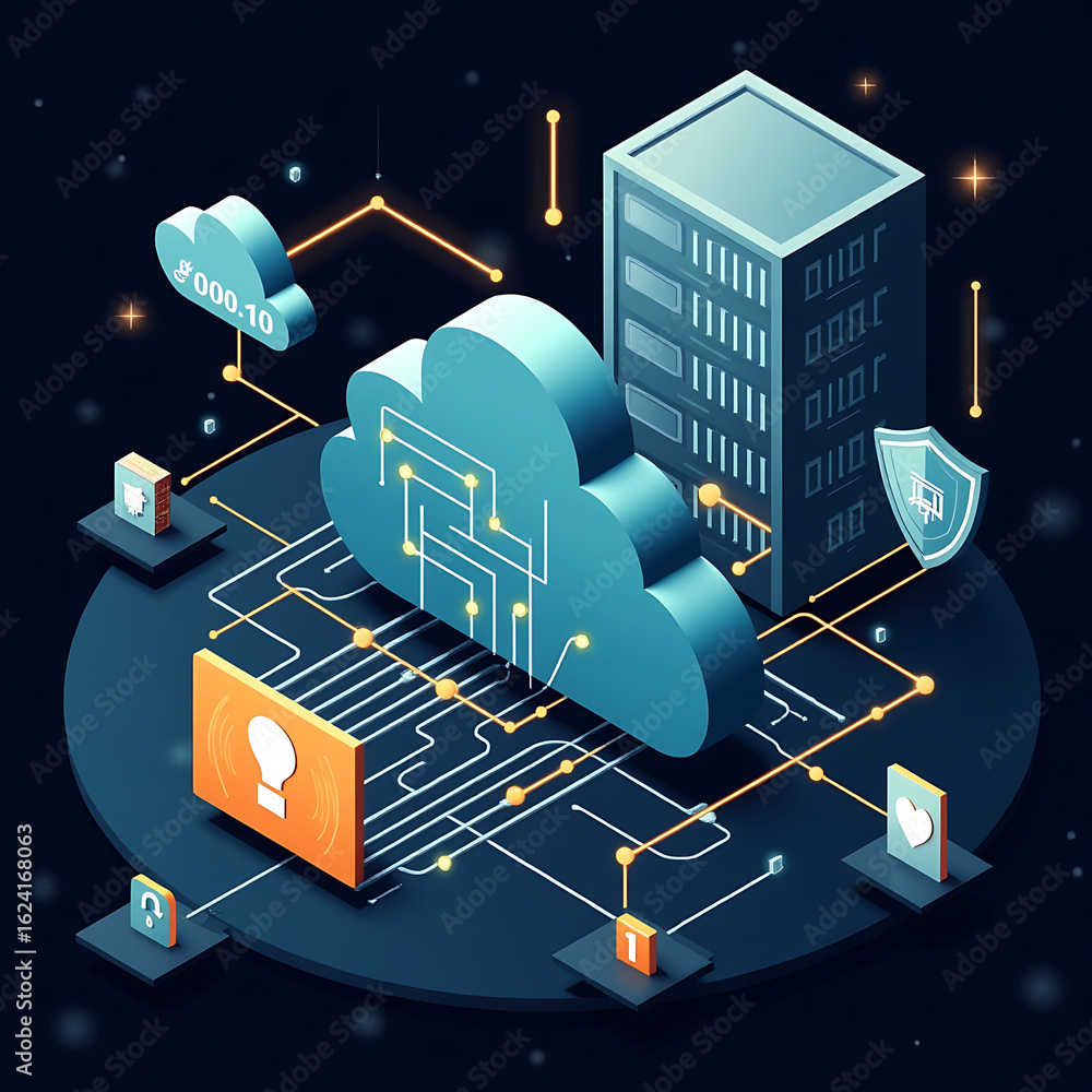 Poster isometric 3d global social network concept showing a web of interconnected buildings and city archit