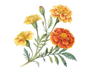 watercolor Marigold Branch vector illustration isolated on white background