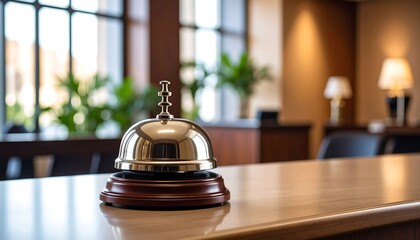 Silver service bell on hotel reception desk with waiting for assistance, and close up.