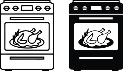 Oven Icons. Black and White Vector Illustration. Kitchen Stove with Oven and Fried Chicken on Plate. Home Appliances Concept