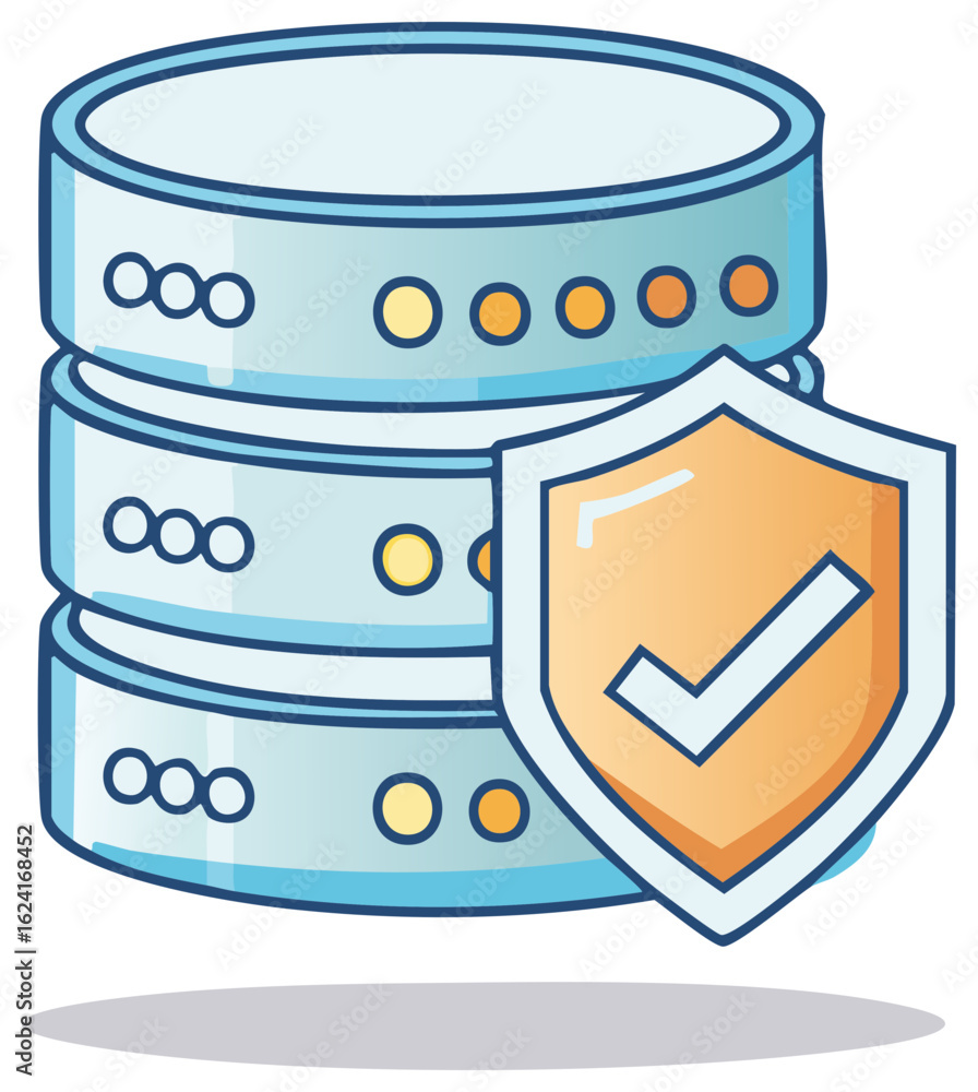 Poster illustrated database icon with shield protecting data with confirmation mark