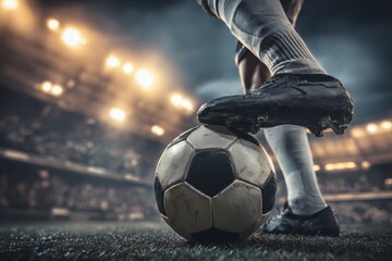 Dynamic Soccer Player Prepares for Free Kick in Chaotic Game Moment Under Bright Stadium Lights