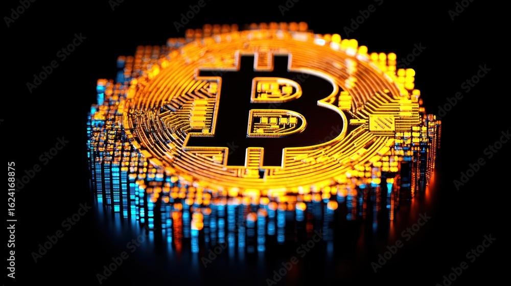 Poster glowing bitcoin symbol with digital circuitry displaying technology