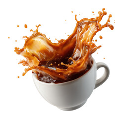 Plakat Dynamic coffee splash in white cup isolated on transparent background