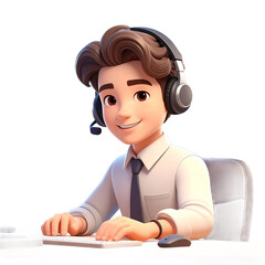 Cartoon Male Character Wearing Headset Sitting at Desk Working on Computer Isolated Transparent Background