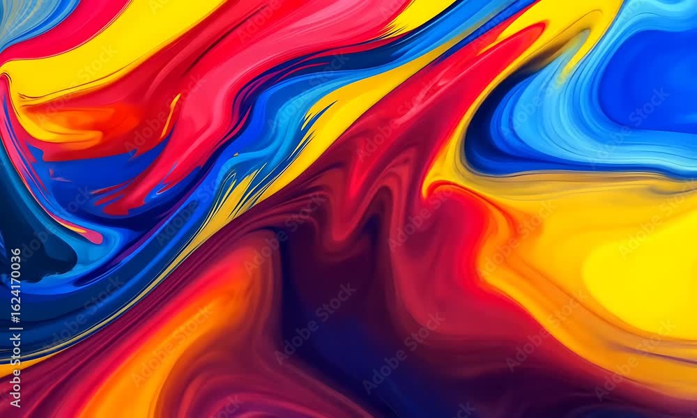 Poster abstract fluid artwork with a colorful blend of red yellow and blue tones depicting dynamic swirls a