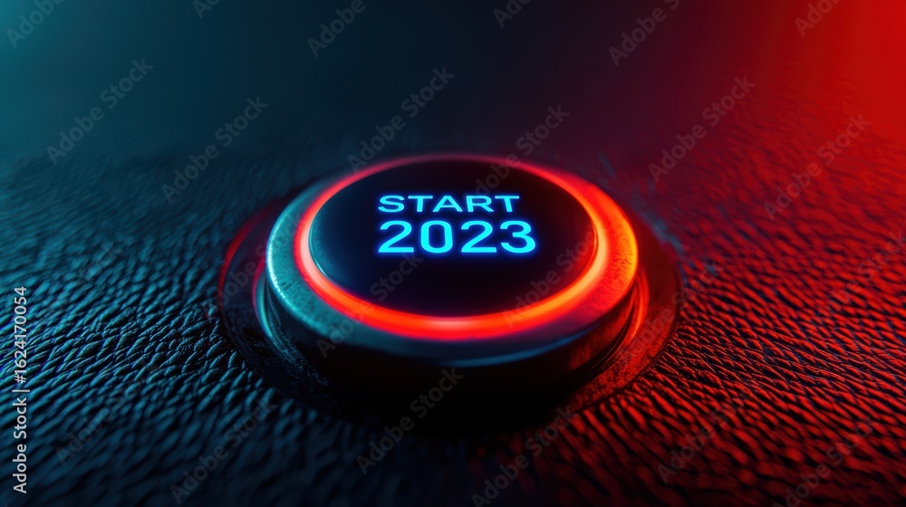 Poster glowing start button with year 2023 on leather background